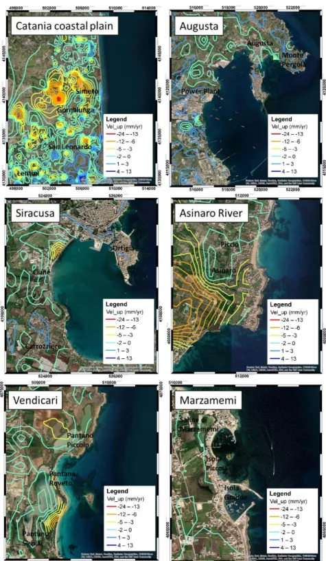 Figure 4. Vertical land velocities (contour in mm/yr) estimated in the time span 2015–2020 from  the combination of InSAR ascending and descending orbits, for six investigated coastal zones (see  Figure 2 for location)