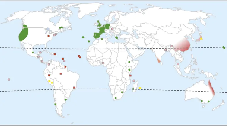 Figure 1. Worldwide distribution of C. elegans. Green shading highlights areas where C