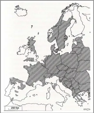 Figure 1. The present distribution of European roe deer in western Europe. In addition to the areas marked on the map, roe deer extend further in Russia to the Ural mountains and are found in scattered populations in Turkey