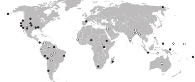 Fig. 4. Geographical distribution of the sampled societies. Full circles: societies with MHP; empty circles: societies without MHP