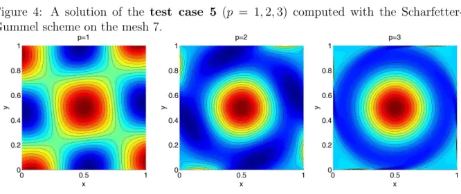 Figure 4: A solution of the test case 5 (p = 1, 2, 3) computed with the Scharfetter- Scharfetter-Gummel scheme on the mesh 7.