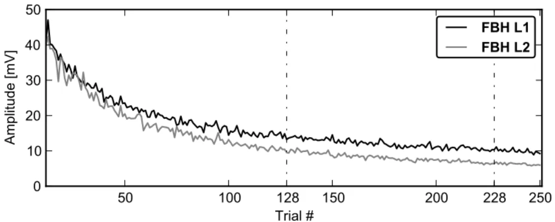 Figure 6.2: Average amplitude of the oscillations during development of a neural system of FBH topology, in the first (solid line) and second (dotted line) processing layers.