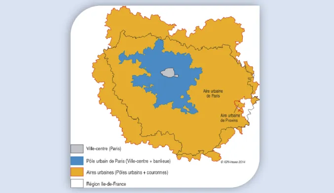Figure I.1 : Cartographie illustrant la distinction entre la ville de Paris, l’unité urbaine (pôle urbain) et  l’aire urbaine (www.insee.fr/fr/statistiques/1285578 consulté le 02/08/17)