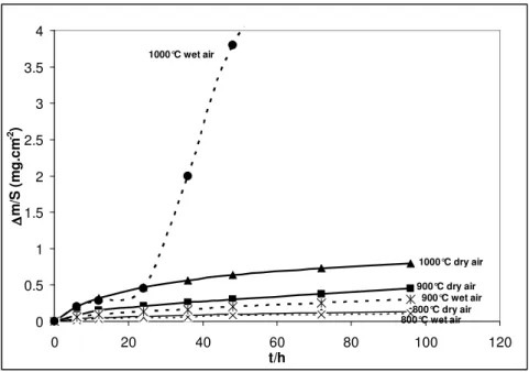 Figure 1. Mass gain curves obtained after 96h isothermal oxidation of AISI 316L SS under dry air  and wet air (10 vol.% H 2 O) at 800, 900 °C, and 1000°C