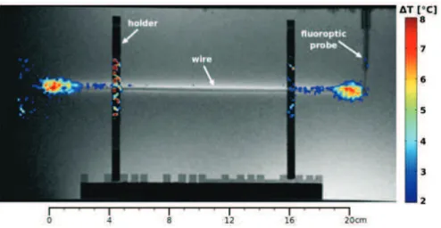 Figure 5.5.1 – Carte de thermographie proche d’un ﬁl de cuivre pour un échauﬀement RF de DAS 9 W/kg [Ehses et al., 2008].