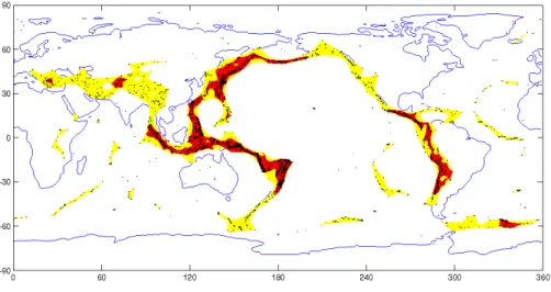 Figure 11: Results for seism epicenters : support estimation in yellow, sup- sup-port estimation for the 4000 epicenters of highest density in red.