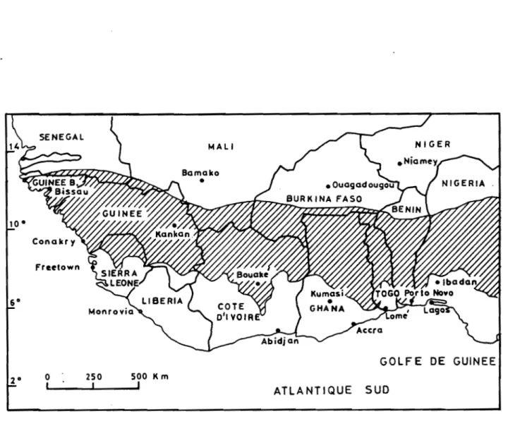 FIGURE 1.1. Zone d'extension des savanes subhumides en Afrique de l'Ouest, d'après les travaux de BLAIR-RAINS (CIPEA, 1984).