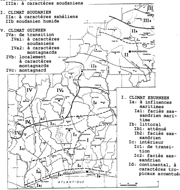 FIGURE II.1. Classification des climats de la Côte d'Ivoire et du Burkina Faso d'après RIOU (1988).