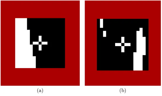 Fig. 3.4 { En blanc sont les parties non appariees pour les deux exemples de la gure 3.3, l'image (a) correspond au doigt ou retrouve le bord du cube occultant, l'image (b) correspond a l'oreille.