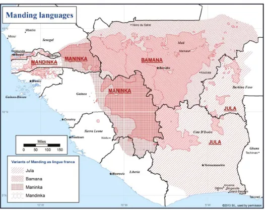 Fig. 5.1  Major Manding varieties. The light hatching covers the areas where  Manding varieties are used as lingua franca