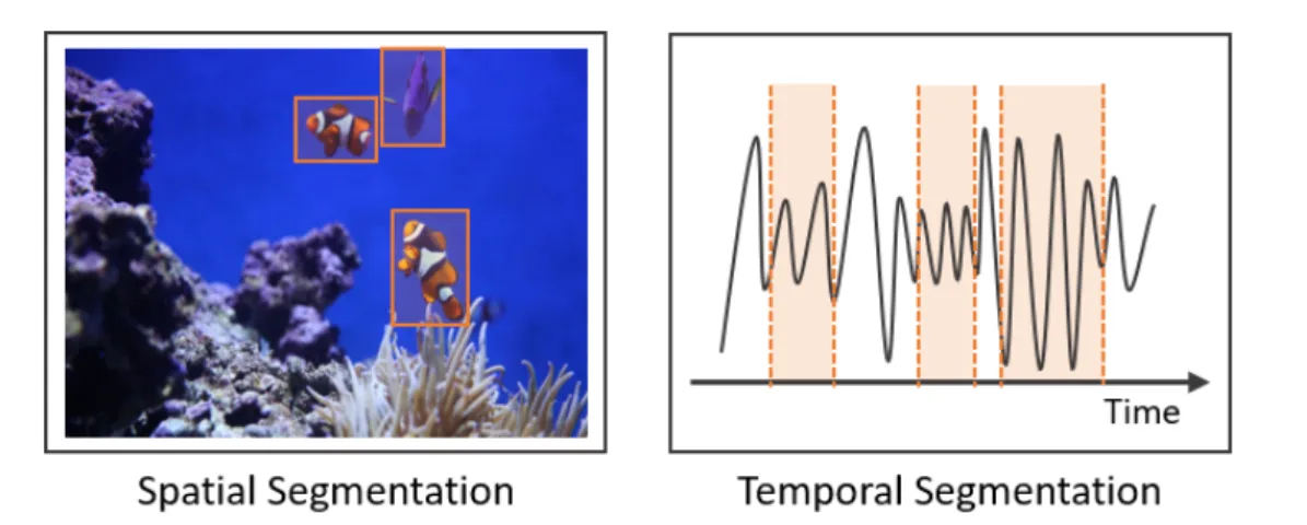 Figure 4.1 – The spatial (left) and temporal (right) segmentations. The segments or regions of interest are in orange.