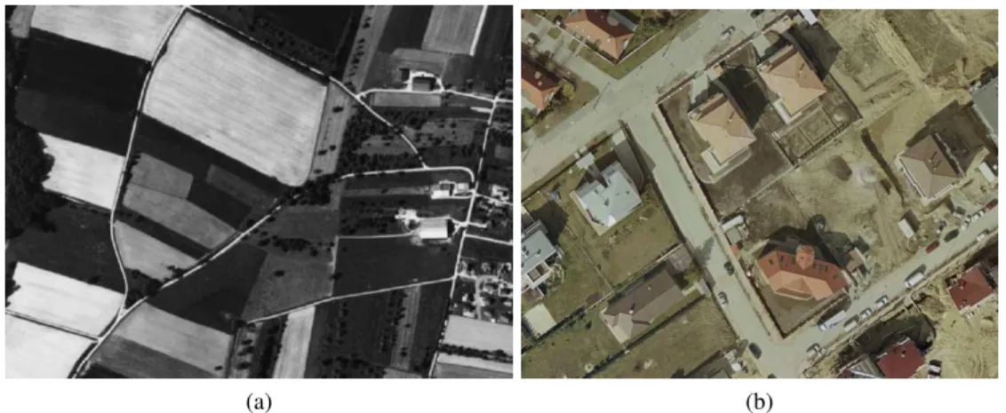 Figure 1.3: (a) Aerial image of a field with a resolution of 25 cm c  IGN. (b) An aerial image of an urban zone in Budapest c  Andr´as Goro.