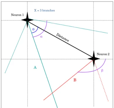 Figure 3.5: Geometrical description to compute the probability of connection between 2 neurons.