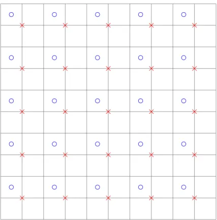 Figure 2.6: Different choices of downsampling grids compared with the original HR pixel grid (on-sample for blue circles, off sample red crosses) that lead to the same resolution (number of pixels in the image) but with a different subpixel alignment.