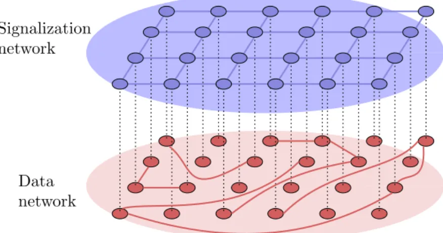 Figure 3.5 – Data and signalization networks. The data network is dedicated to MPI communications whereas the signalization network carries control messages (e.g., control messages used for on-demand endpoints interconnection)