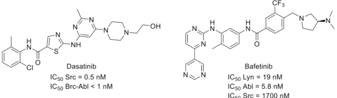 Figure 10. Structures and activities of dual SFK/Brc-Abl inhibitors.