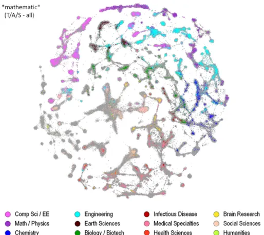 Figure 1: The result of the query ’mathematic’ mapped over the map of science as described in Boyack and Klanvans [2014]