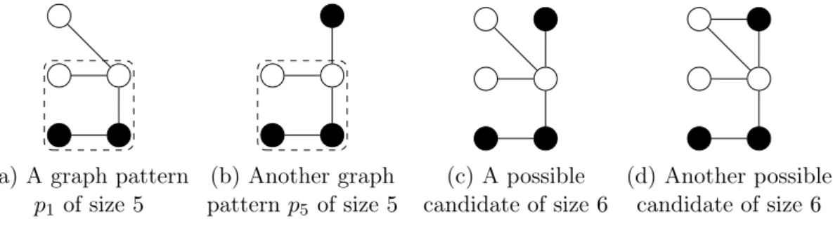 Figure 3.5 displays two patterns of size 5 and the two possible candidates of size 6 that AGM is able to generate