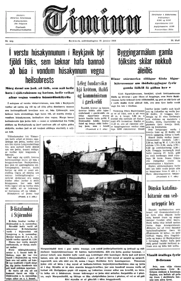 Fig. 1.5 The first page of the newspaper Timinn (18 January 1950). The two photographs show that 5 years after the end of the war the Nissen huts were not in good shape