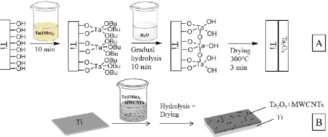 Fig. 2. Principles of the sol-gel processes: (a) sol-gel deposition of Ta 2 O 5  on Ti, (b) sol-gel co- co-deposition of Ta 2 O 5  and MWCNTs on Ti.