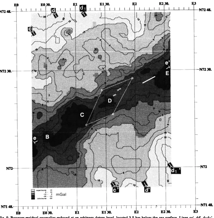 Fig. 9. Bougue.r  residual  anomalies  reduced  at an arbitrary  datum  level, located  3.5 km below the sea surface