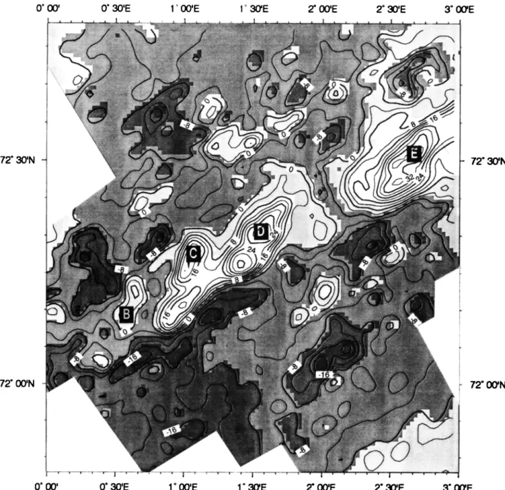Fig.  6.  Distribution of  source rock magnetization (A/m).  Inversion of  the magnetic anomalies in  presence of  topography was  performed using the Parker  and Huestis [1974]  method ,  assuming a uniform, 500  m  thick, magnetized layer parallel to the