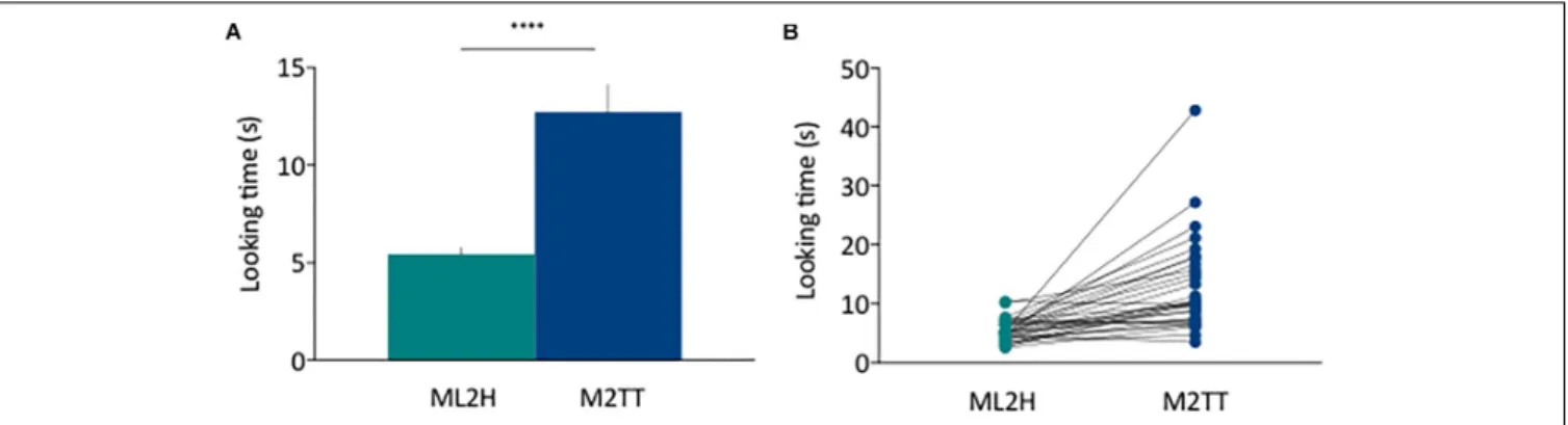 FIGURE 2 | (A) Mean looking time of the two last habituation trials (ML2H) and the two trials during the test phase (M2TT) at the group level