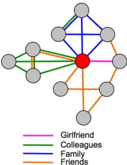 Figure 1. The ego-network around the red individual is composed of connections that correspond to different social processes