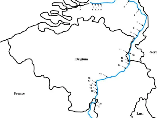 Figure 2. Expansion of  Dreissena rostriformis  bugensis in the Meuse  River. Arrows indicate  our sampling sites (1 to  22)