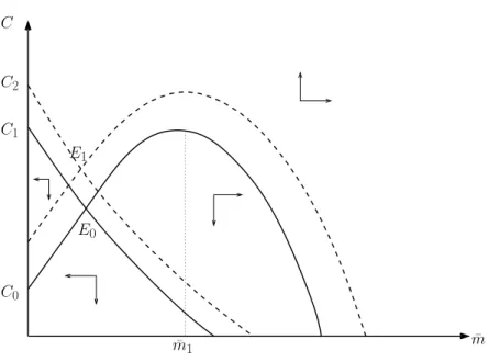 Figure 7: Phase diagram for multiplicative non-separable preferences, plane (C, ¯ m)
