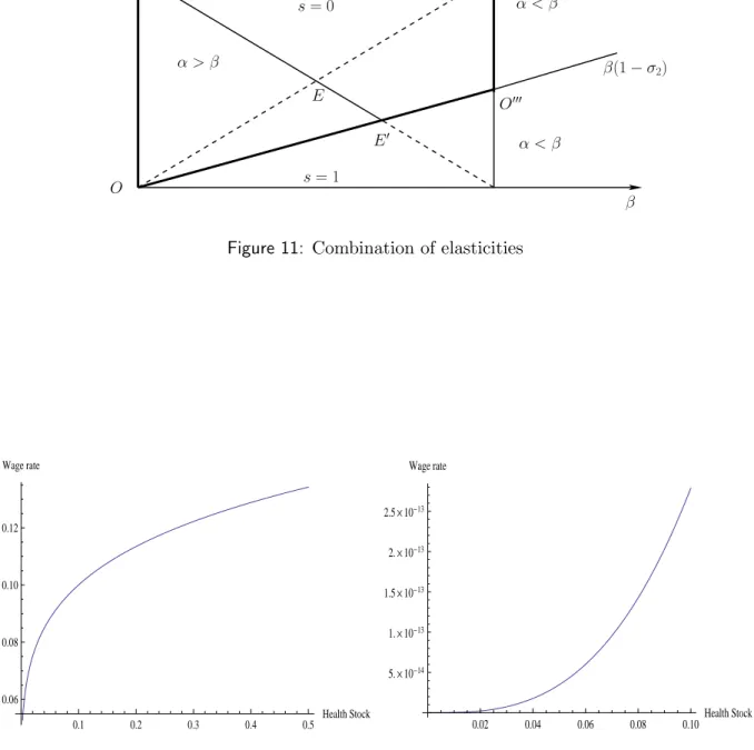 Figure 12: The logarithmic utility: relation between wage rate and health stock for parameter values