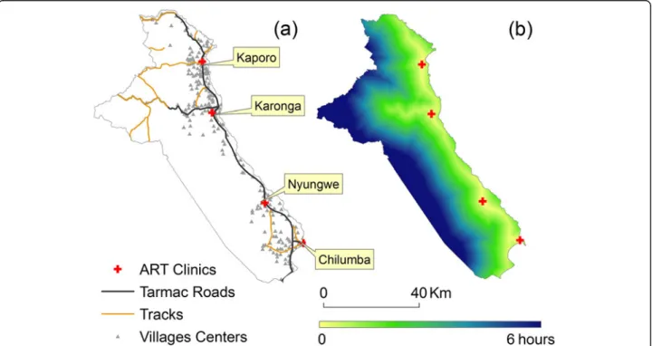 Figure 1 a-b: Karonga District with main roads, villages and ART clinics (a), and travel time surface to the nearest ART facility in January 2008 (b) KRH = Kaporo Rural Hospital; KDH = Karonga District Hospital; NHC = Nyungwe Health Center; CRH = Chilumba 