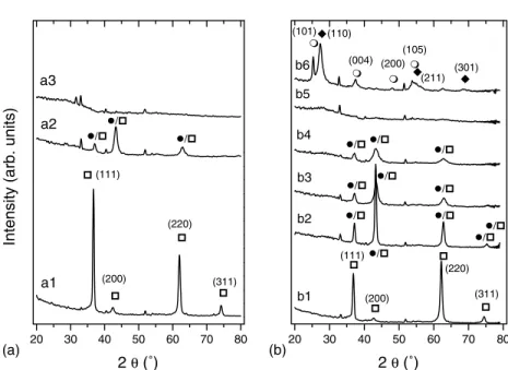 Fig. 4. X-ray diffraction patterns of titanium oxynitride thin films deposited on (1 0 0) silicon wafers at (a) 293 K (set A): (a1) P H 2 O ¼ 8:0  10 3 Pa, (a2) P H 2 O ¼ 2:7  10 2 Pa, and (a3) P H 2 O ¼ 1:23  10 1 Pa; (b) 673 K (set B): (b1) P H 2 O ¼ 1:0