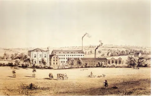Fig. 3. Fabrique de flanelles à Thimister, dans le bocage d'Entre-Vesdre-et-Meuse, vers  1850