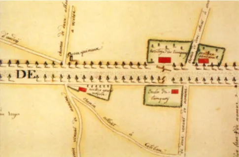 Fig. 8. Chaussée thérésienne de Namur à Luxembourg. Route rectiligne, bordée d'arbres,  avec une barrière