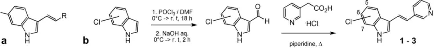 Fig. 1. a, Structures of the leads. 680C91: R ¼ pyrid-3-yl;709W92: R ¼ pyrid-4-yl; b, general synthetic procedure for chloro-pyridinylvinlyl-1H-indoles