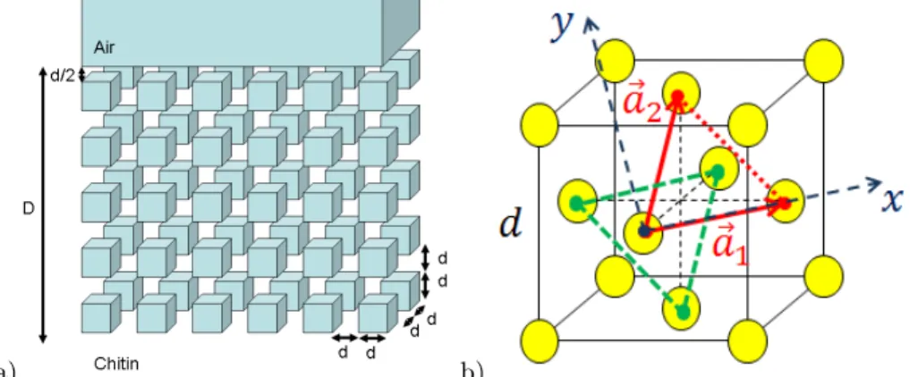Figure 1. a) First structure model consisting in a cubic lattice of cubic holes with a edge length of d = 100 nm