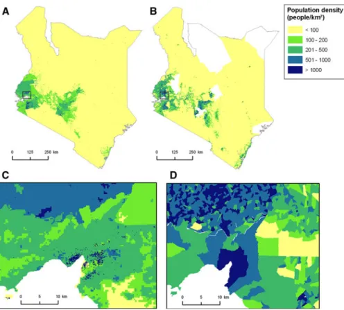 Fig. 6 Population distribution maps for Kenya. a example of population distribution predicted using GlobCover data for dasymetric modelling, with TCM = ADMIN-2 and EXL =