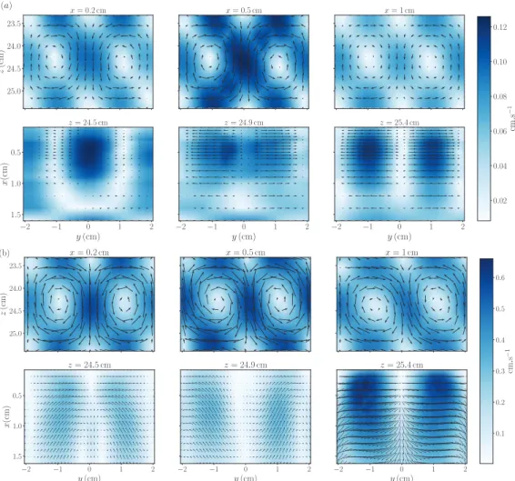 Figure 2. Vortical flow: velocity-vector map of the flow field in the vertical plane (zy) for different horizontal positions (x) and in the horizontal plane (xy) for different vertical positions (z) in cases (a) A1a (Re k = 0.7) and (b) C2b (Re k = 13.6).