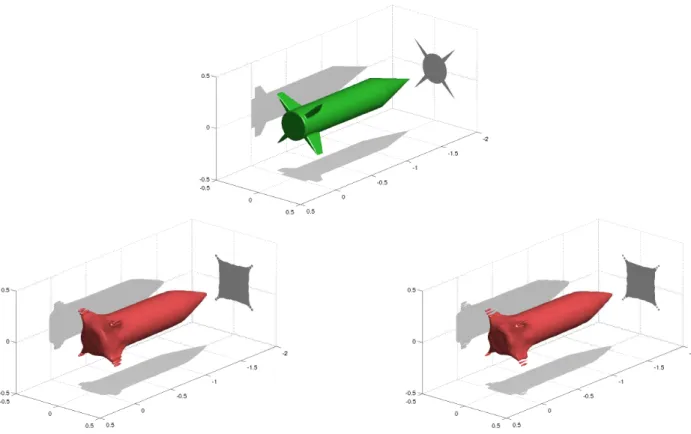 Figure 5: The rocket: real (top) and reconstructed by Algorithms CTM (bottom left) and DTM (bottom right)