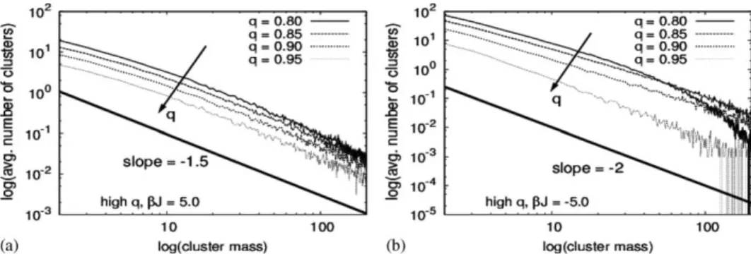 Fig. 4. Log–log plots of the cluster size distribution for high q values: (a) bJ ¼ 5, (b) bJ ¼ 5