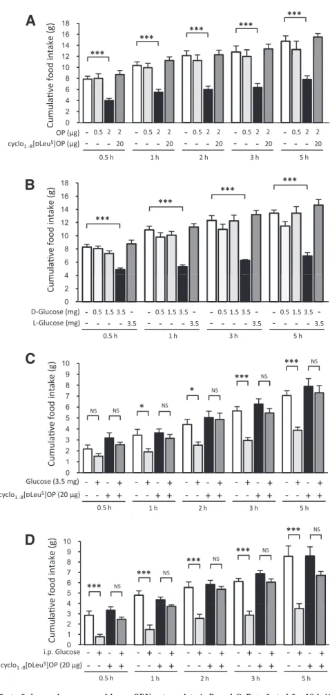 FIG. 3. The anorexigenic effect of glucose is suppressed by an ODN antagonist. A, B, and C: Rats fasted for 18 h (from ZT8 to ZT26) received a single intracerebroventricular injection containing the indicated substances diluted in 0.9% NaCl