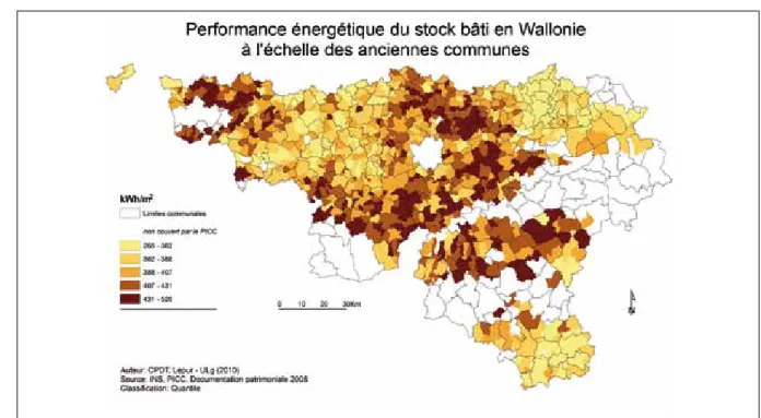 Fig 5.  Cartographie  des  performances  énergétiques  finales  par  an  par  mètre  carré  chauffé,  par  ancienne  commune,  Région  wallonne