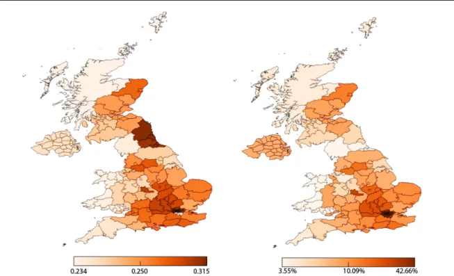 Fig. 2 Superdiversity index (left) and immigration levels (right) across UK regions at NUTS2 level [141]
