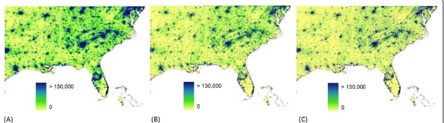 Figure 1 Population distribution for the southeast United States as mapped by three different datasets