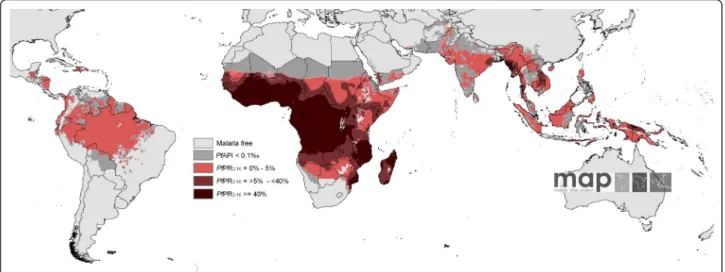 Figure 3 The spatial distribution of P. falciparum malaria Pf PR2-10 predictions stratified by endemicity class