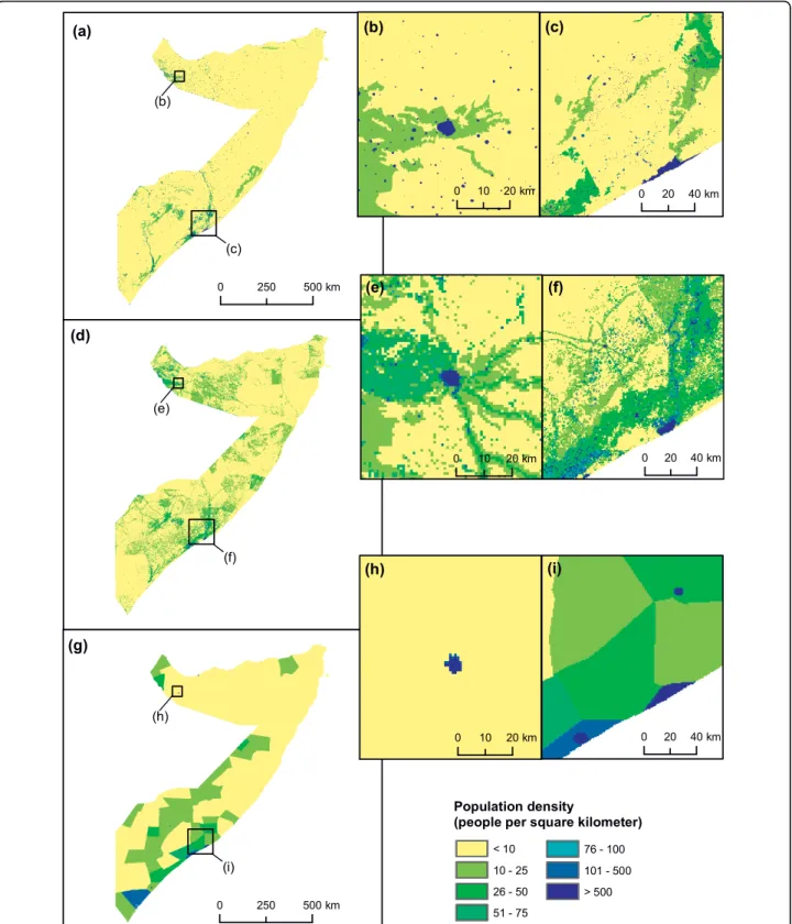 Figure 3 Comparison of Somalia gridded population datasets. (a) Newly created population dataset (AfriPop) showing 2009 population numbers in each 100 × 100 metre grid square; (b) close-up of the AfriPop dataset showing detail around Hargeisa; (c) close-up