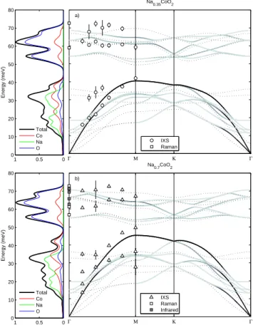 FIG. 2: Measured (open symbols) and calculated (solid cir- cir-cles and dotted lines) phonon dispersion along high-symmetry directions in NCOH and NCO