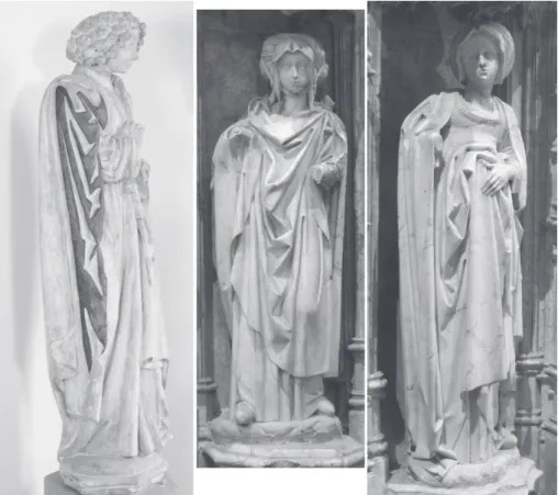 Fig. 9. Saint Jean, pierre calcaire, Nivelles, musée archéologique; Sibylle (?), albâtre,  Bourg-en-Bresse, église du Monastère de Brou; Sibylle (?), albâtre, Bourg-en-Bresse,  église du Monastère de Brou.