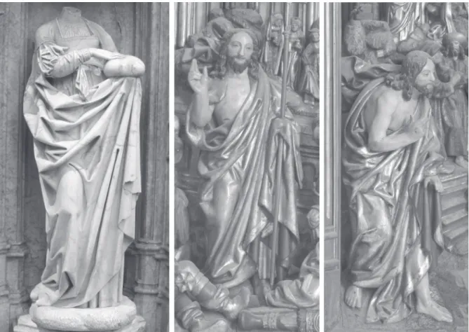 Fig. 8. Sibylle (?), albâtre, Bourg-en-Bresse, église du monastère de Brou; Christ de la Résurrection, bois polychromé,  retable de la Passion de la Marienkirche à Güstrow; Christ de l’Apparition à Marie-Madeleine, bois polychromé,  ret-able de la Passion 